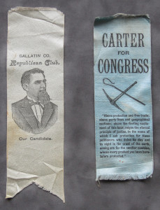 Two old political bookmarks, one of a man and the other of a woman.