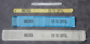 A group of four ribbons that say anaconda for the capital.