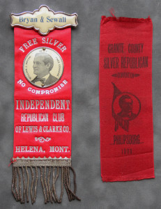 A red ribbon with an image of a man on it.