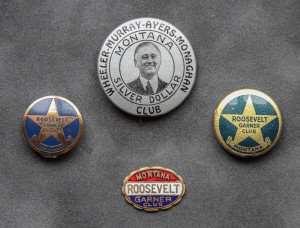 A group of four buttons with the image of president roosevelt.