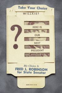 A political campaign sign for the state senator.